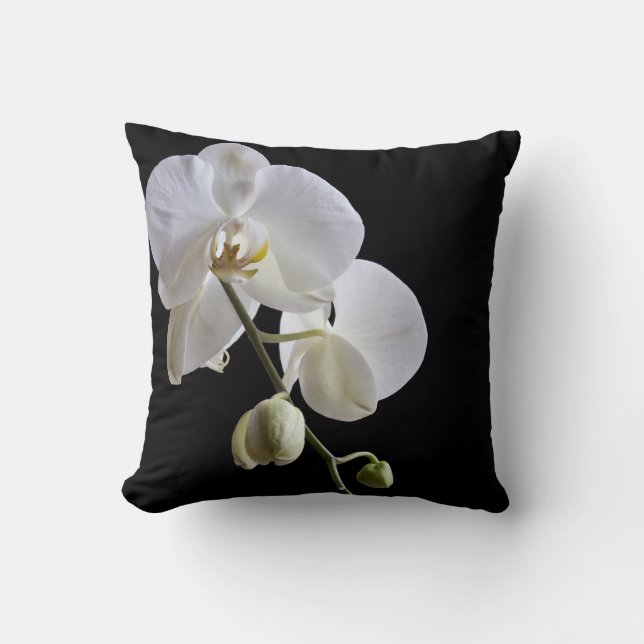 White Orchids on Black  Throw Pillow (Front)