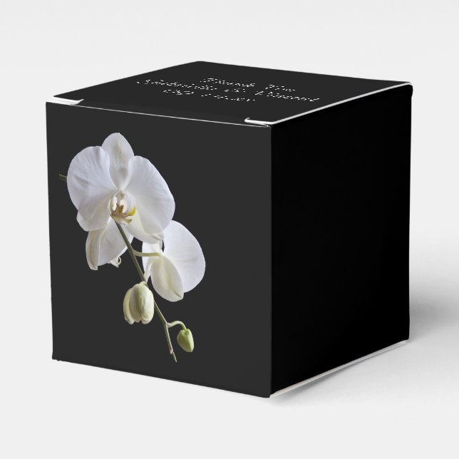 White Orchids on Black Wedding Favor Boxes (Front Side)