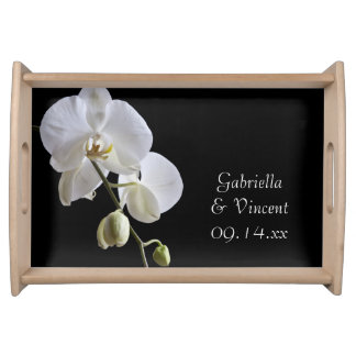 White Orchids on Black Wedding Serving Tray