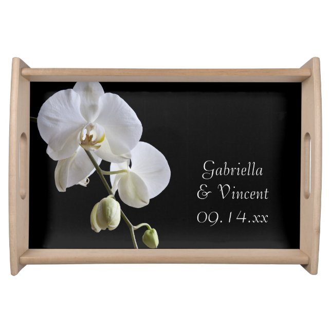 White Orchids on Black Wedding Serving Tray (Front)