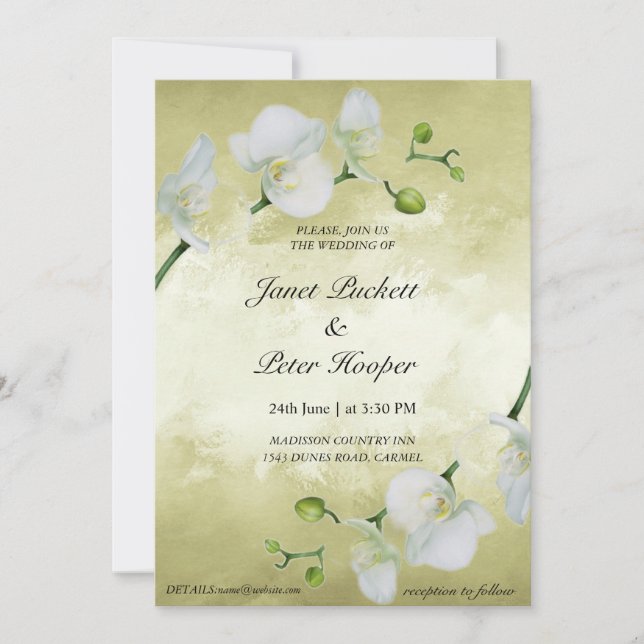 White orchids on golden background wedding invitation (Front)
