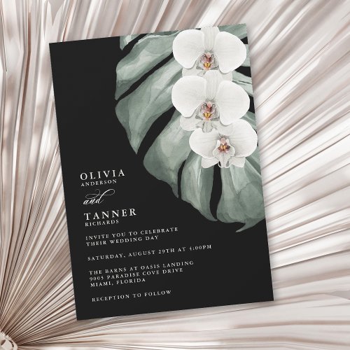 White Orchids on Monstera Black Tropical Wedding Invitation