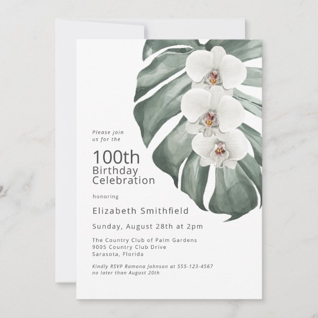 White Orchids on Monstera Tropical 100th Birthday Invitation (Front)