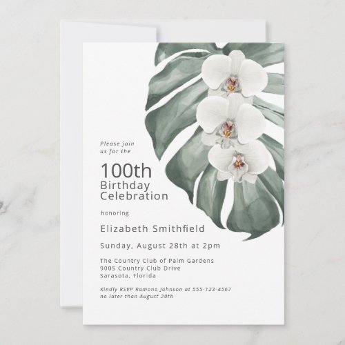 White Orchids on Monstera Tropical 100th Birthday Invitation