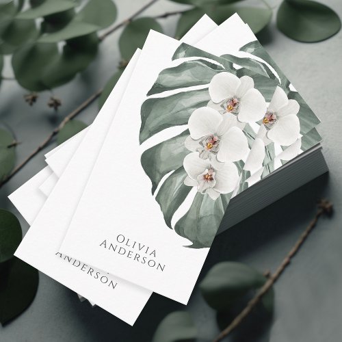 White Orchids on Monstera Tropical Botanical Business Card