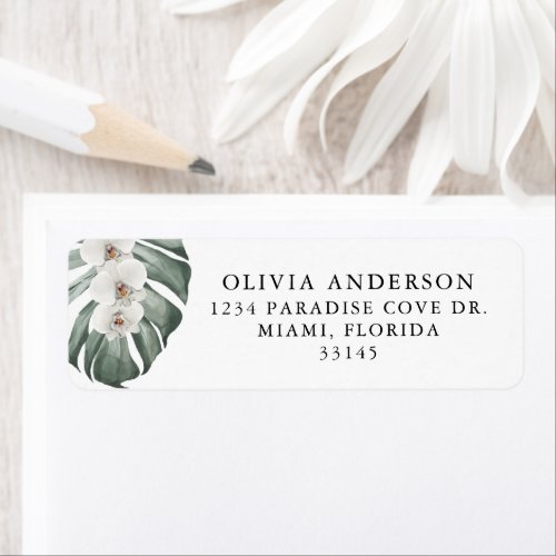 White Orchids on Monstera Tropical Floral Label