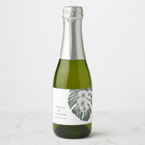 White Orchids on Monstera Tropical Paradise Sparkling Wine Label