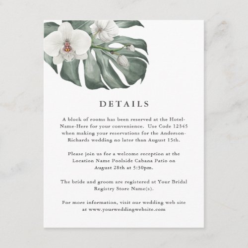 White Orchids on Monstera Tropical Wedding Details Enclosure Card