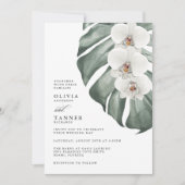 White Orchids on Monstera Tropical Wedding Invitation (Front)