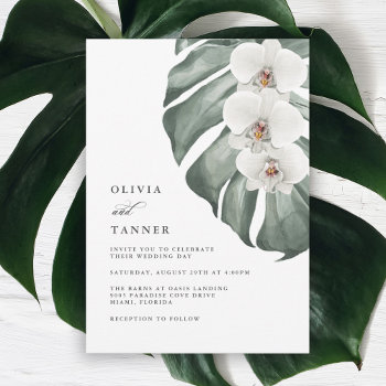 White Orchids On Monstera Tropical  Wedding Invitation by Oasis_Landing at Zazzle