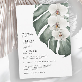 White Orchids On Monstera Tropical Wedding Invitation by Oasis_Landing at Zazzle