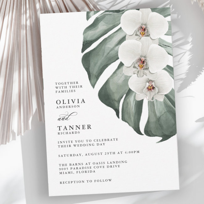 White Orchids on Monstera Tropical Wedding Invitation