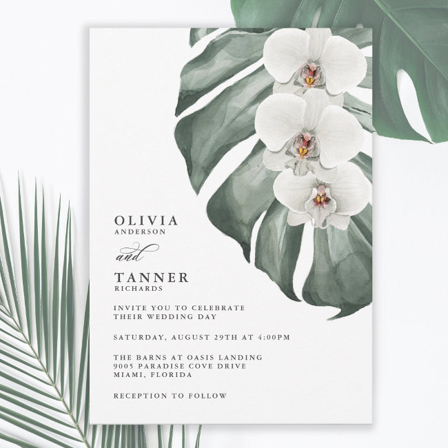 White Orchids on Monstera Tropical Wedding Invitation