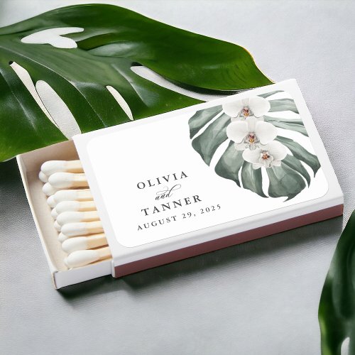 White Orchids on Monstera Tropical Wedding Matchboxes