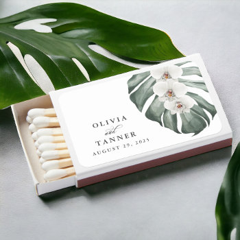 White Orchids On Monstera Tropical Wedding Matchboxes by Oasis_Landing at Zazzle