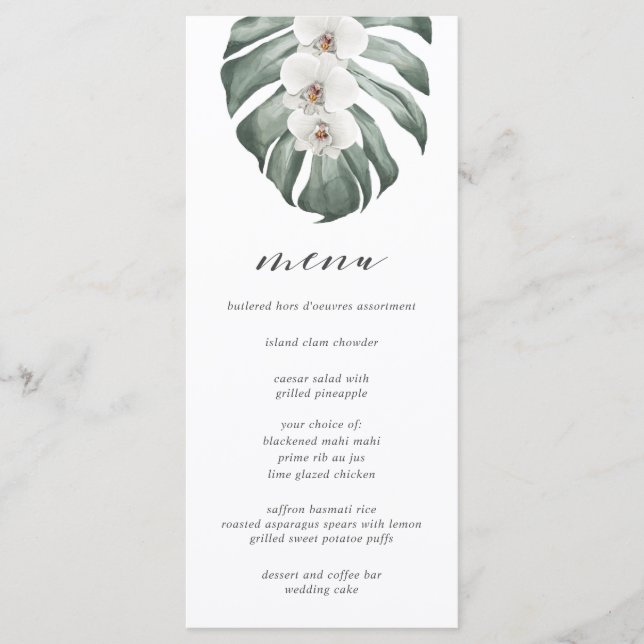 White Orchids on Monstera Tropical Wedding Menu (Front)