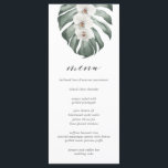White Orchids on Monstera Tropical Wedding Menu<br><div class="desc">An elegant menu design for a tropical, beach or destination wedding, this simple design includes lovely white orchids over a lush Monstera leaf in soft watercolor hues. A text template is included to personalize with your desired menu items. If you wish to add or remove lines of text, select "click...</div>