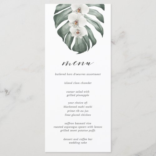 White Orchids on Monstera Tropical Wedding Menu