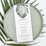 White Orchids on Monstera Tropical Wedding Menu Invitation<br><div class="desc">An elegant menu design for a tropical, beach or destination wedding, this simple design includes lovely white orchids over a lush Monstera leaf in soft watercolor hues. A text template is included to personalize with your desired menu items. If you wish to add or remove lines of text, select "click...</div>