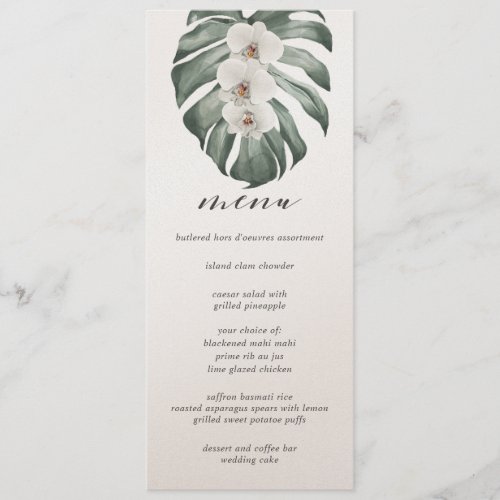 White Orchids on Monstera Tropical Wedding Menu Invitation