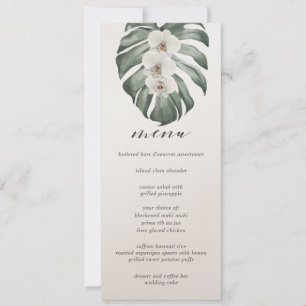 White Orchids on Monstera Tropical Wedding Menu Invitation