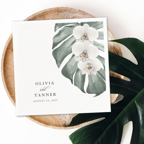White Orchids on Monstera Tropical Wedding Napkins