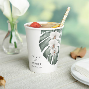 White Orchids on Monstera Tropical Wedding Paper Cups