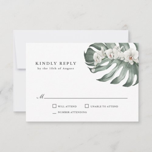 White Orchids on Monstera Tropical Wedding RSVP