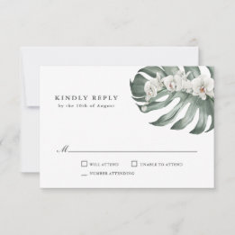 White Orchids on Monstera Tropical Wedding RSVP Card