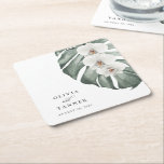 White Orchids on Monstera Tropical Wedding Square Paper Coaster<br><div class="desc">Bring your tropical wedding vision to life with this uniquely beautiful watercolor floral wedding coasters. This custom design features a trio of elegant white orchids and a beautiful Monstera leaf in soft watercolors. The design is both simple and elegant with a minimalist look energized by the tropical botanical elements. It...</div>