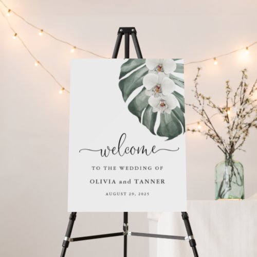 White Orchids on Monstera Tropical Wedding Welcome Foam Board