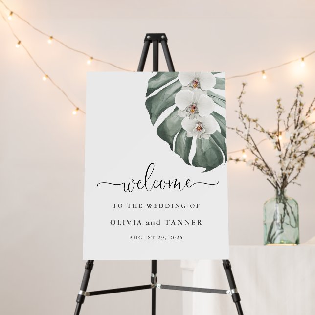 White Orchids on Monstera Tropical Wedding Welcome Foam Board (In Situ (Stand))