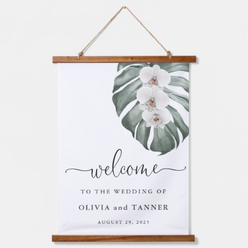White Orchids on Monstera Tropical Wedding Welcome Hanging Tapestry