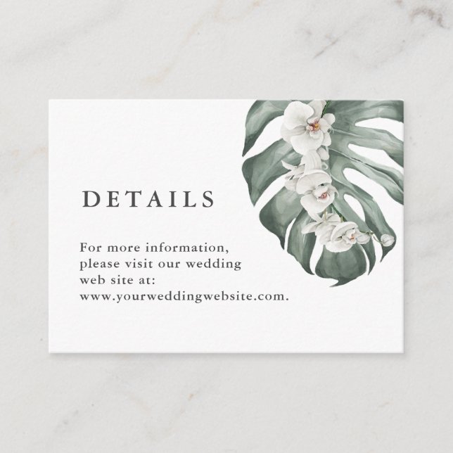 White Orchids on Monstera Web Site Details Enclosure Card (Front)