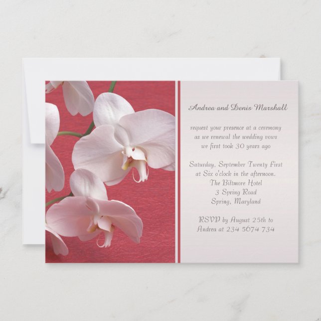 White orchids on red Wedding Vow Renewal Invitation (Front)