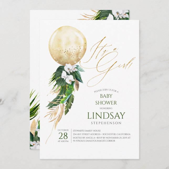 White Orchids Palm Leaves Gold Balloon Baby Shower Invitation (Front/Back)