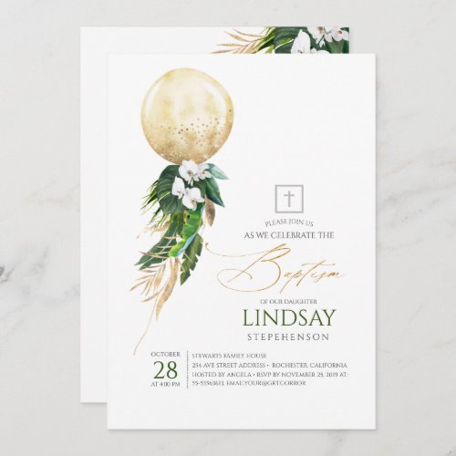 White Orchids Palm Leaves Gold Balloon Baptism Invitation