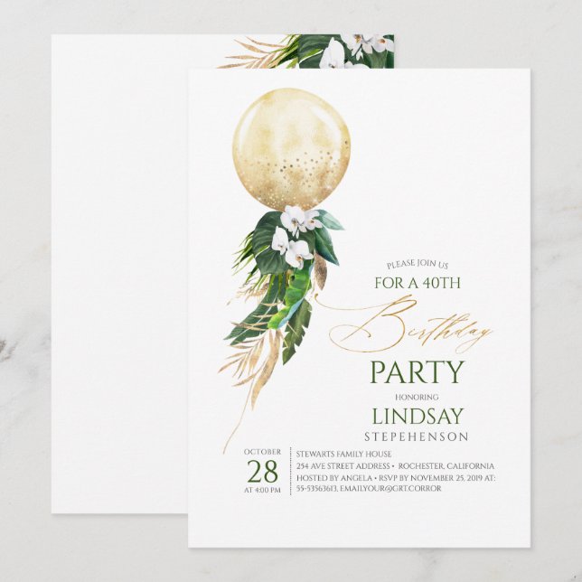 White Orchids Palm Leaves Gold Balloon Birthday Invitation (Front/Back)