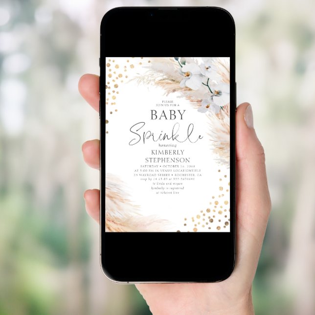 White Orchids Pampas Grass Baby Shower Sprinkle Invitation (Front Digital)