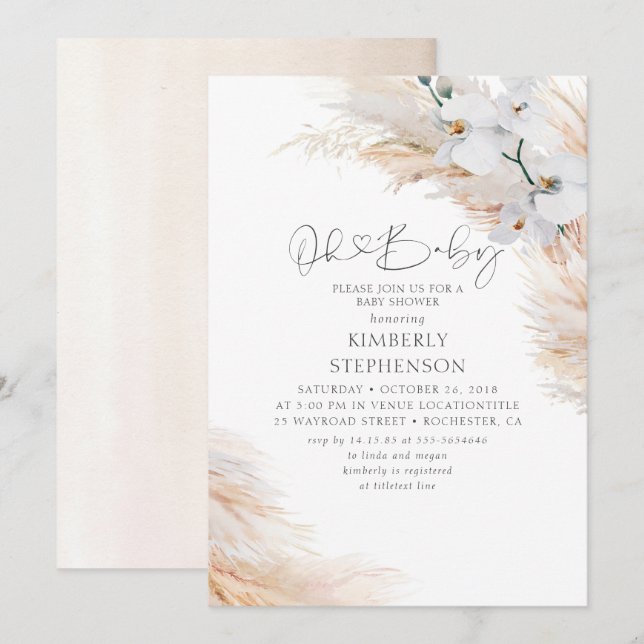 White Orchids Pampas Grass Oh Baby Shower Invitation (Front/Back)