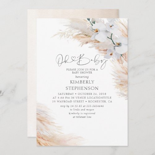 White Orchids Pampas Grass Oh Baby Shower Invitation