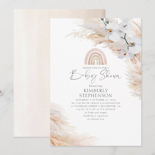 White Orchids Pampas Grass Rainbow Baby Shower Invitation (Front/Back)