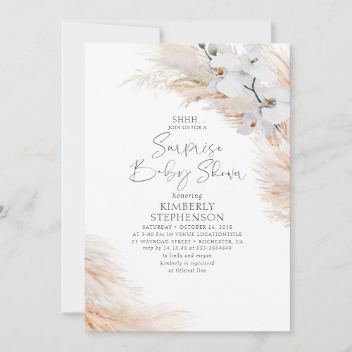 White Orchids Pampas Grass Surprise Baby Shower Invitation