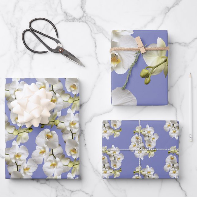 White Orchids Periwinkle Blue Lavender Wrapping Paper Sheets (Front)