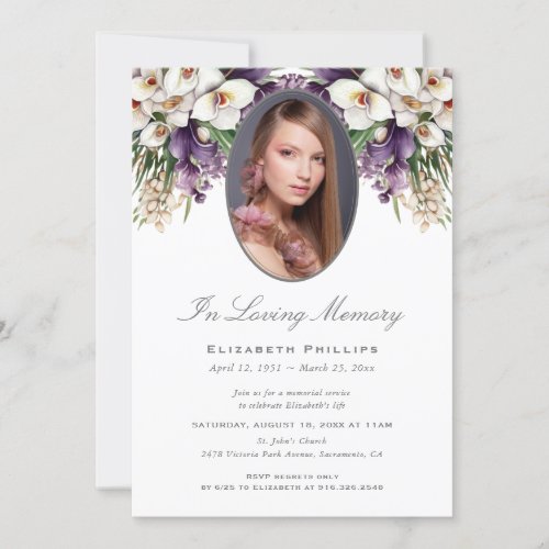 White Orchids Photo Funeral Memorial Service Invitation