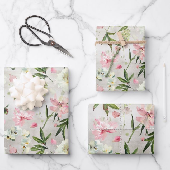 White Orchids Pink Peonies & Flower Petals Garden Wrapping Paper Sheets (Front)