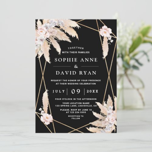 White Orchids Pink Rose Pampas Grass Black Wedding Invitation