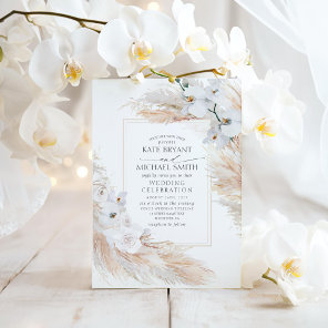 White Orchids Roses and Pampas Grass Wedding Invitation