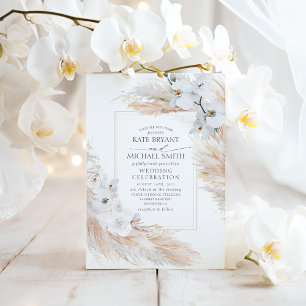 White Orchids Roses and Pampas Grass Wedding Invitation