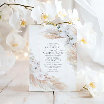 White Orchids Roses And Pampas Grass Wedding Invitation by lovelywow at Zazzle